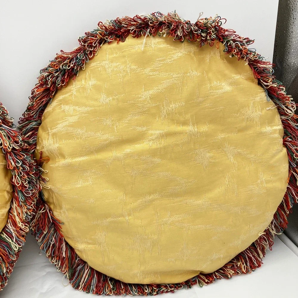 Pair of Vintage Hollywood Regency Round Throw Pillows Gold Brocade Multi Fringe